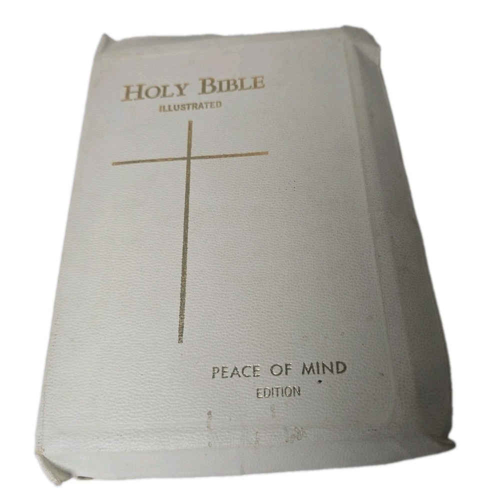 Holy Bible Illustrated White Leather Peace of Mind Protestant 1966 Edition Vtg